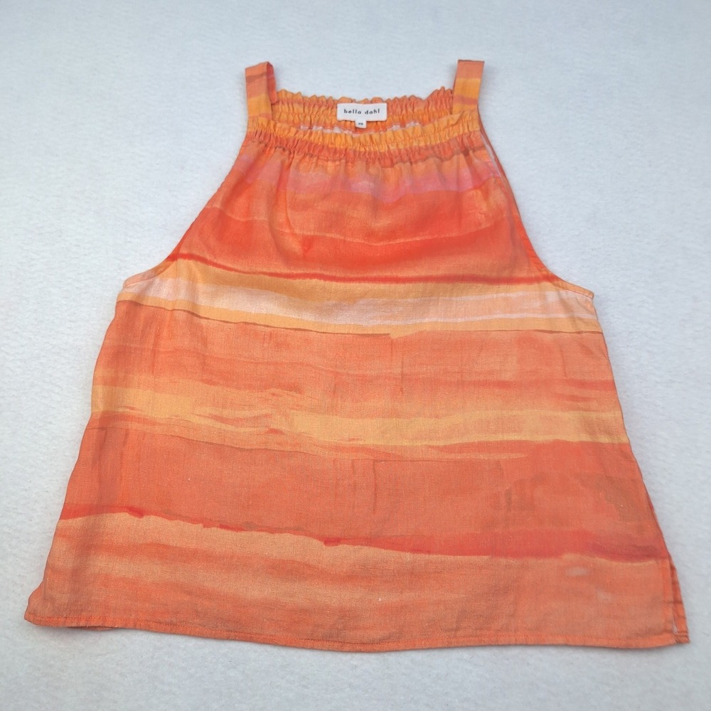 Bella Dahl Tank Top Womens XS Orange Striped Linen Halter Smocked Boho Coastal